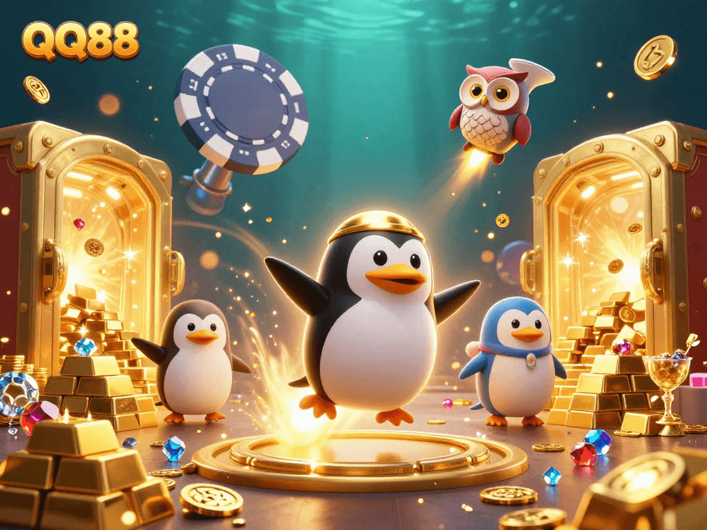 Experience the thrill of QQ88 with a golden penguin blasting through a casino-themed space scene.