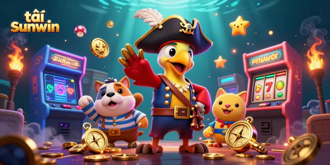 Experience adventure and excitement tải sunwin with a pirate captain, bulldog, and cat surrounded by vibrant games.