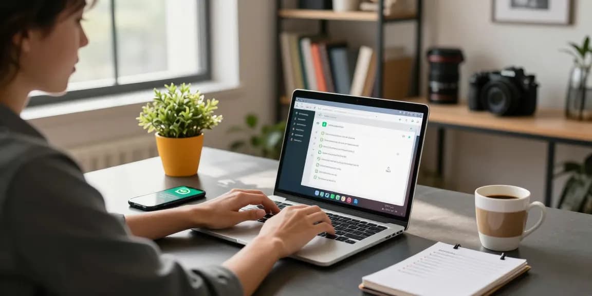 WhatsApp下載 scene showing a young professional engaging with the WhatsApp app on a laptop in a modern home office.