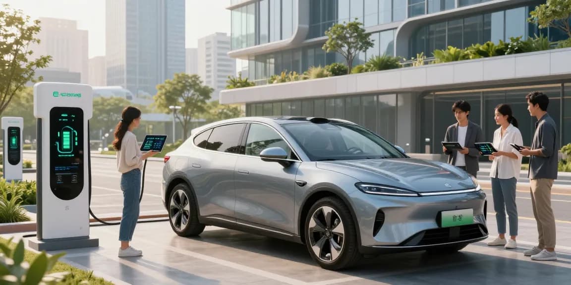 Electric vehicle showcased in a futuristic city, emphasizing EV technology and community engagement.