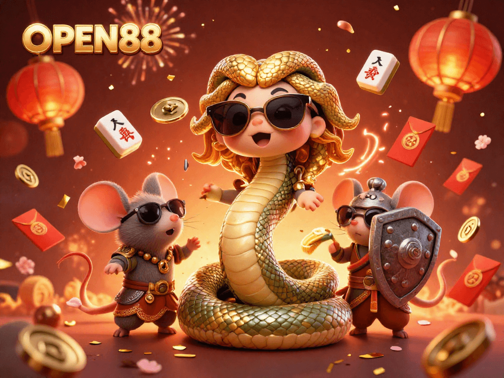Experience the excitement of OPEN88 with Medusa and a warrior mouse in a vibrant casino scene full of festive elements.