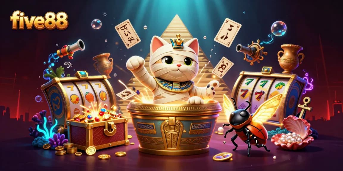 Engage with five88's vibrant casino scene featuring a mummy cat and treasure-chest gaming action.
