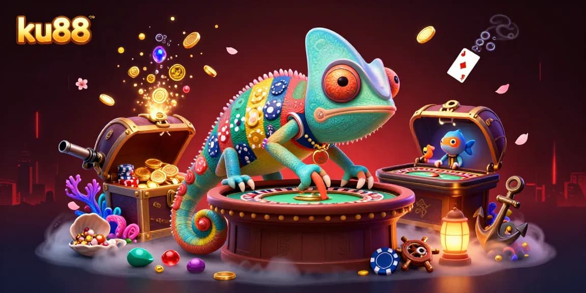 ku88 showcases an exciting casino scene with a chameleon owner and floating cards, enhancing your gaming experience.