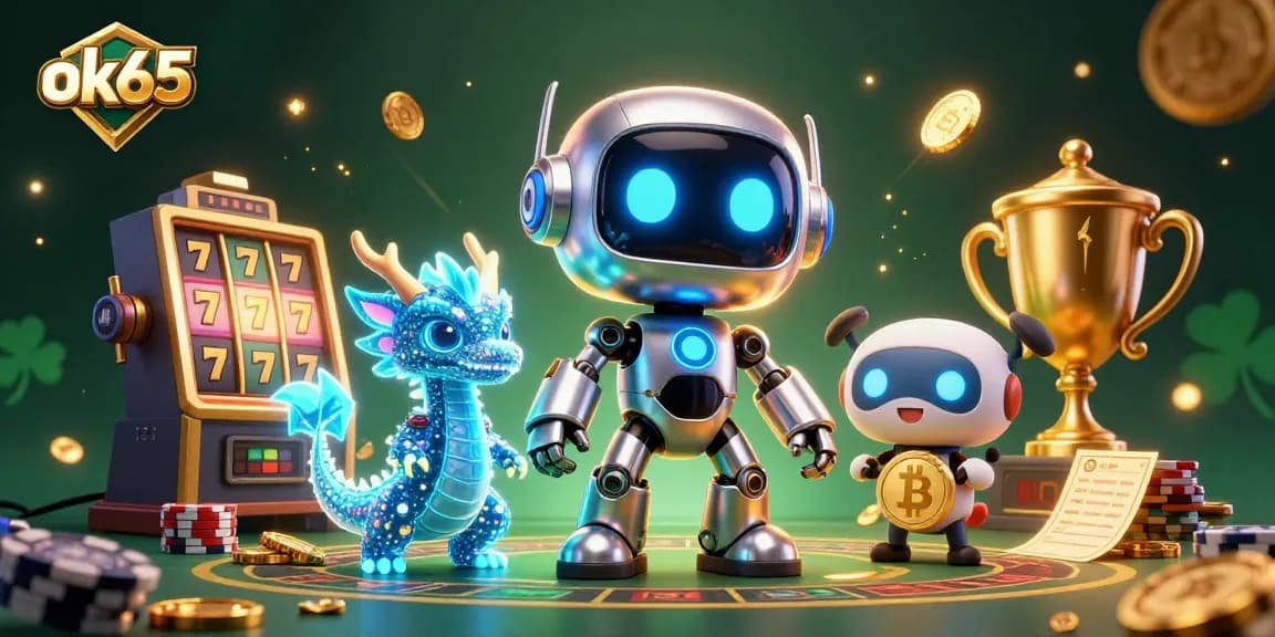 Experience the thrill of winning at ok65 with a vibrant 3D casino illustration showcasing slot machines and characters.