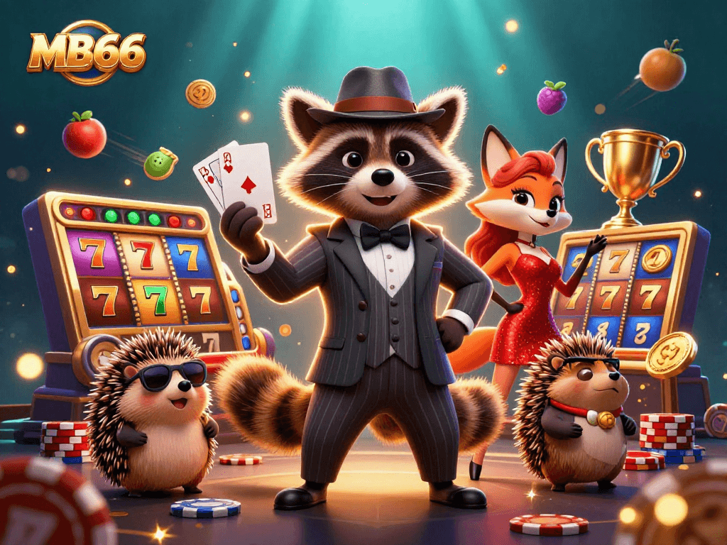Experience the thrill of MB66 with a raccoon, fox, and hedgehog celebrating jackpot wins!
