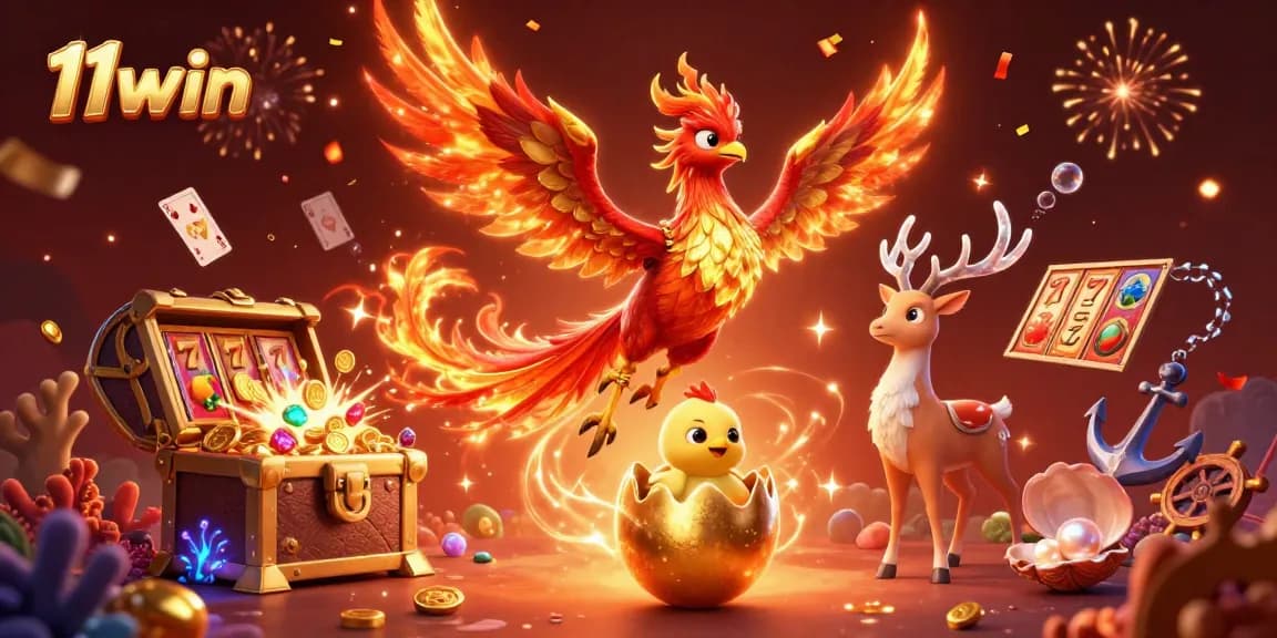 Experience thrilling wins with 11win's vibrant 3D illustration featuring phoenixes and casino elements.