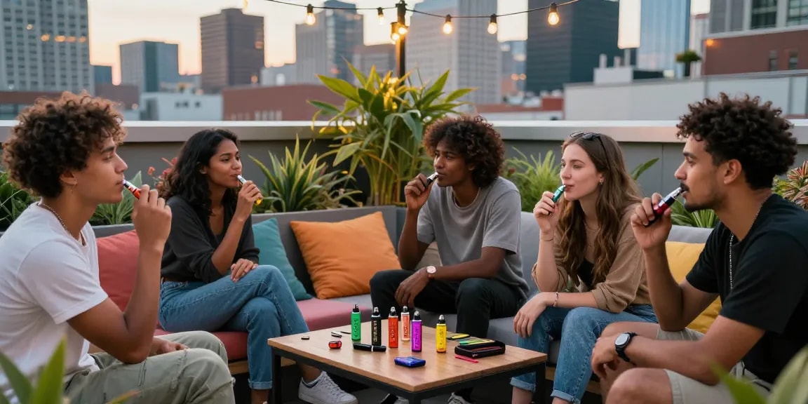 Group of friends enjoying weed vapes in a cozy rooftop garden setting with city skyline
