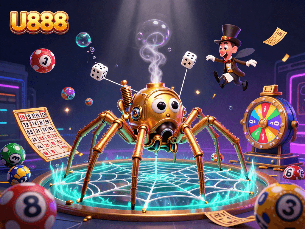 U888 brings vibrant excitement with colorful balls and golden spider in a rich casino scene.