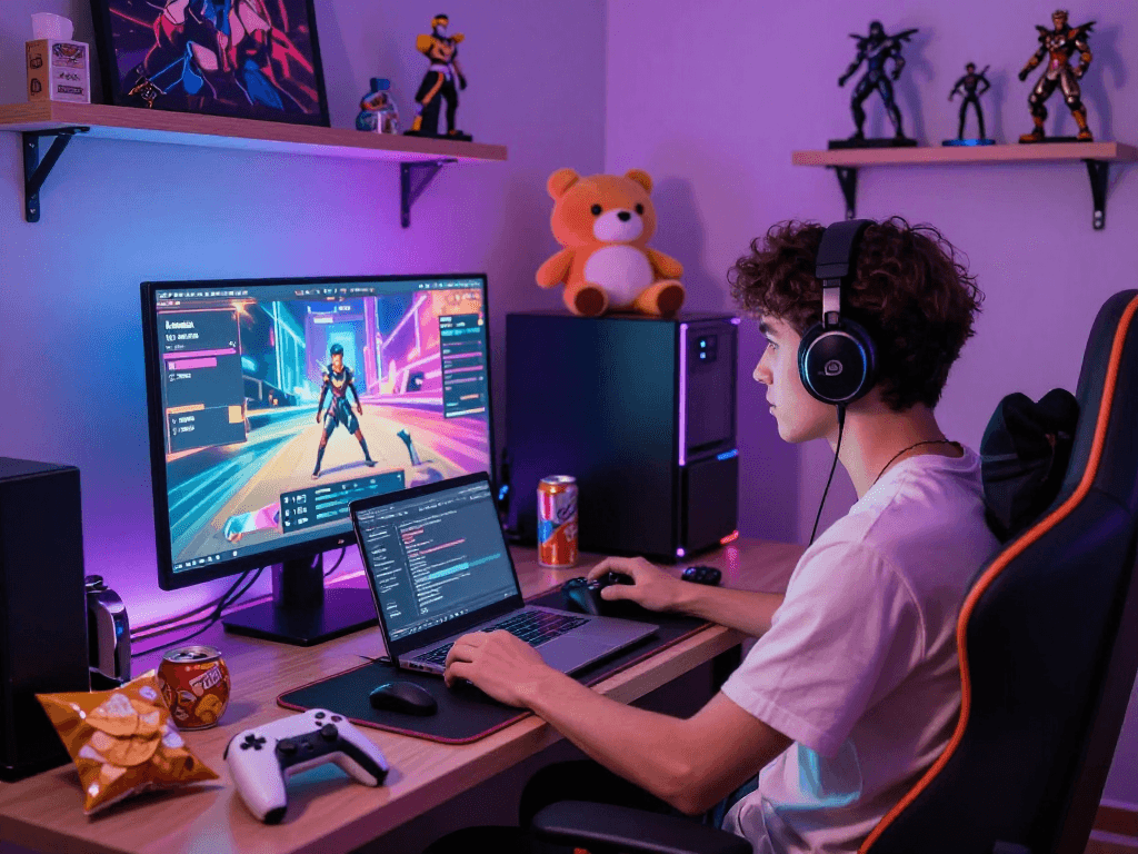 Engaged gamer playing a porn game in a vibrant digital room, showcasing immersive gameplay.