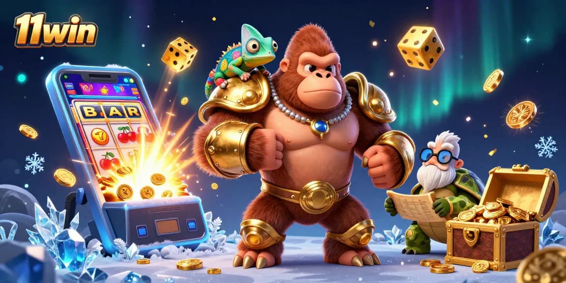 Experience the excitement of 11win with a vibrant gorilla king and casino elements.