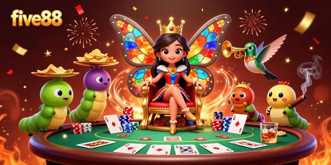 Experience the thrill of five88 in this vibrant 3D casino scene with a butterfly queen and poker elements.