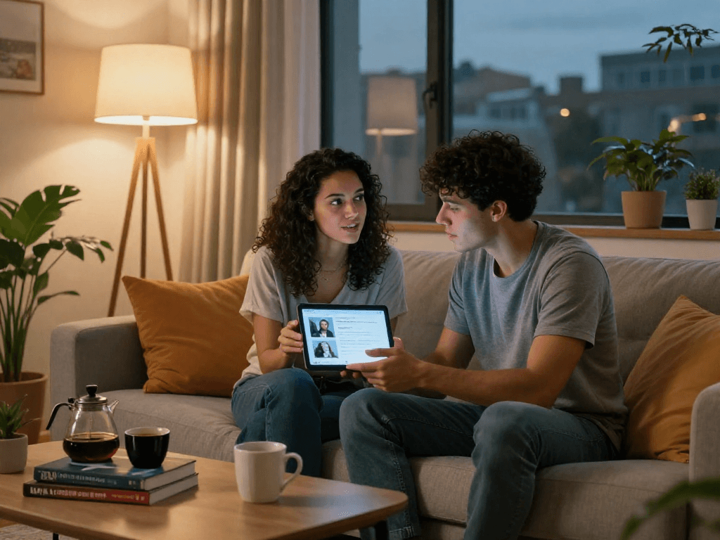 Couple exploring AI sex insights on tablet while enjoying cozy evening.