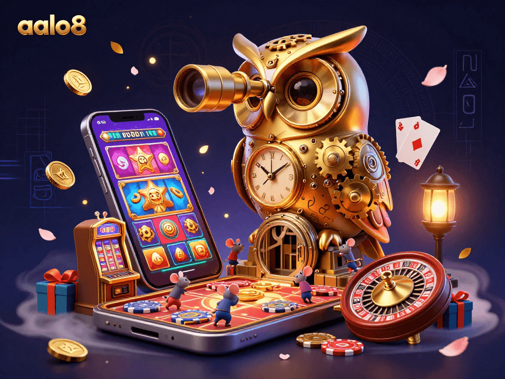Experience vibrant gameplay at aalo8 with captivating characters and casino elements in a lively 3D illustration.
