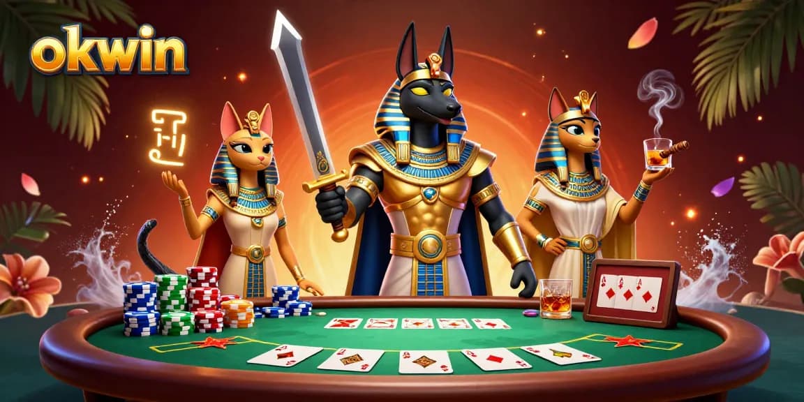Experience thrilling gameplay at okwin with Anubis and Bastet amidst a vibrant poker scene.