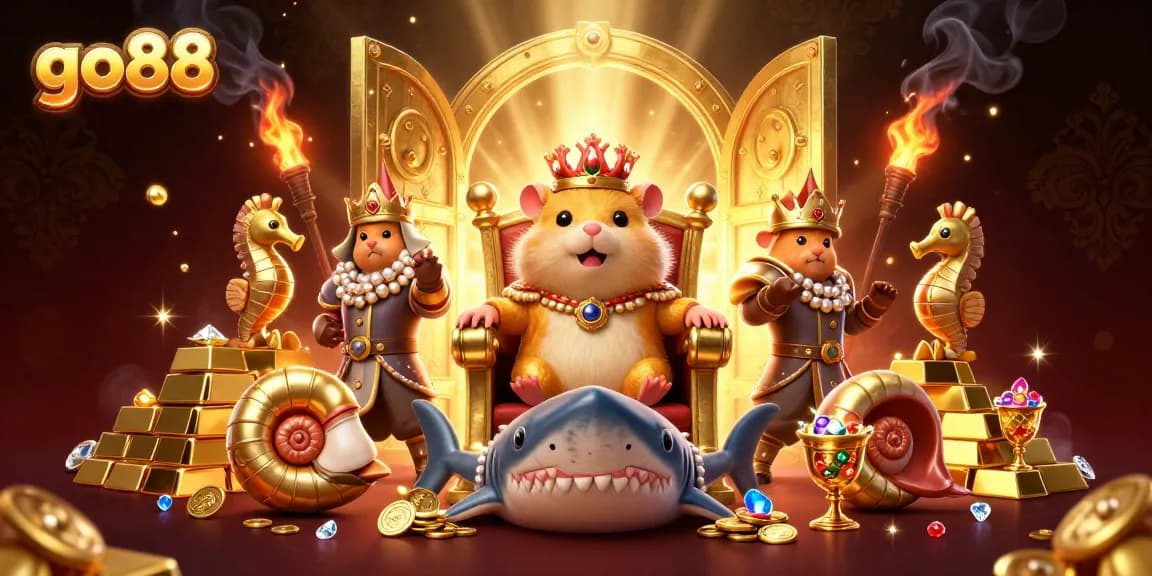 Experience the vibrant go88 casino scene with a golden hamster king and dazzling treasures.