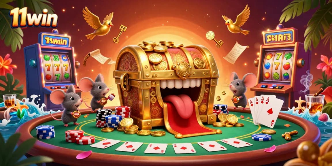 Engage with 11win's exciting casino adventure featuring adorable treasure chest and vibrant slot machines.