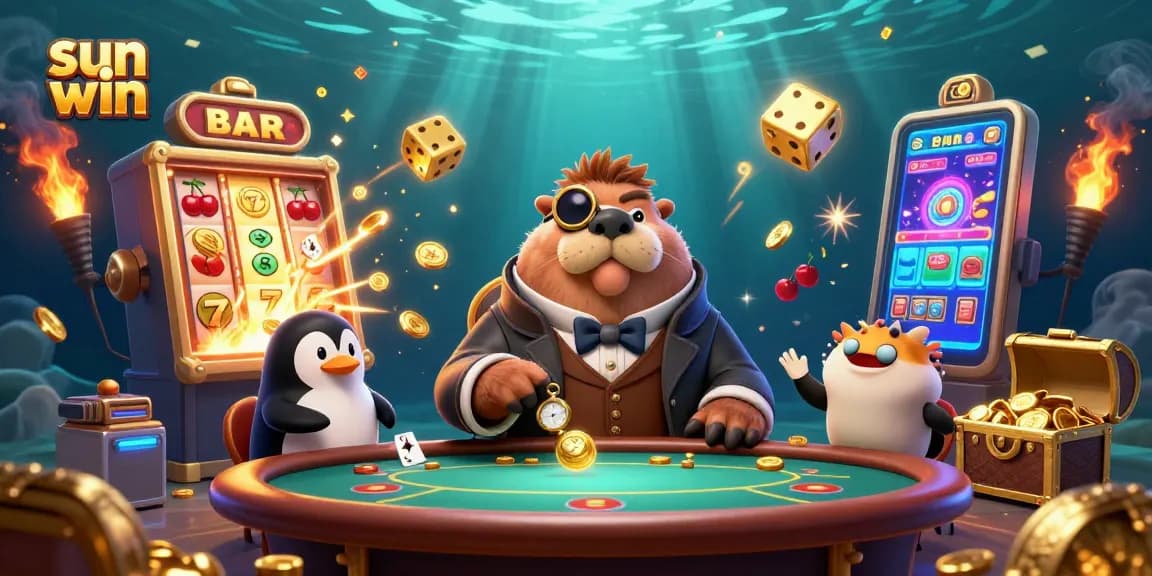 Experience the thrill of sun win slots with a jolly walrus at a vibrant casino party.