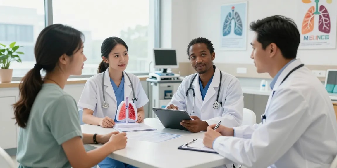 Lung transplant program consultation in a modern hospital setting with medical team assisting a patient.