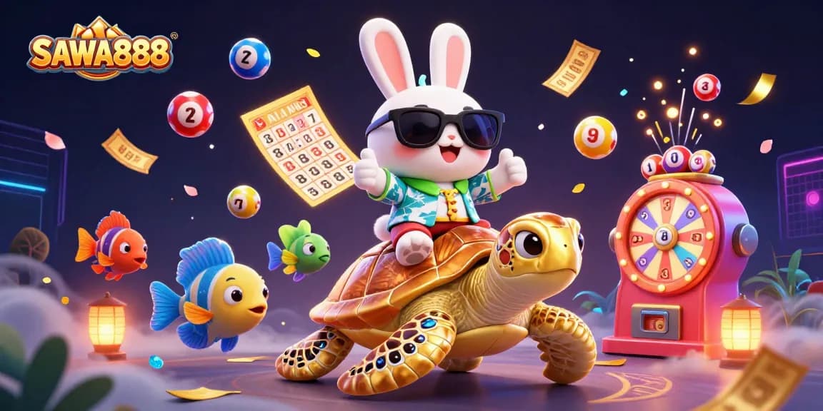 Experience the excitement of SAWA888 with a lucky rabbit and golden turtle in a vibrant casino scene.