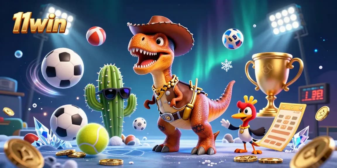 Bet on exciting games with 11win, featuring a cowboy dinosaur and vibrant sports elements.