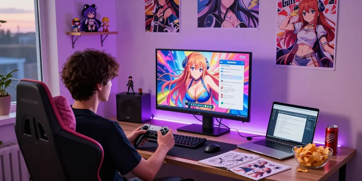 Engaged gamer enjoying a hentai game online in a cozy setup with snacks and posters.