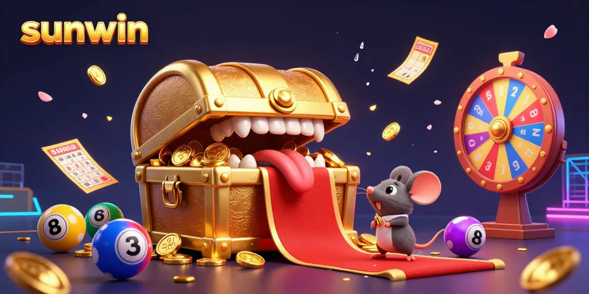 Experience sunwin's vibrant casino excitement with a treasure chest swirling in colorful lottery elements.