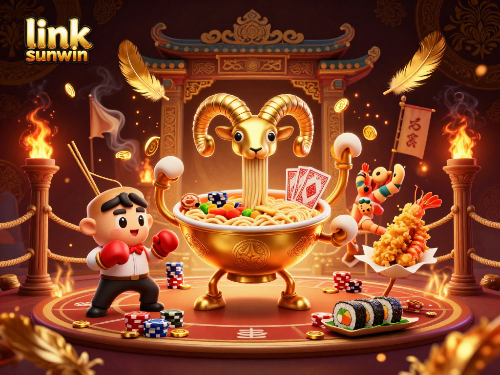 Win big with link sunwin as a giant ramen bowl deals cards amidst a fiery casino arena.