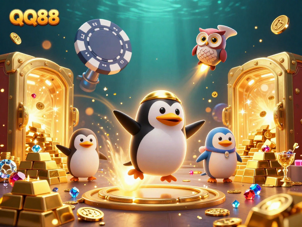 Experience the thrill of QQ88 with a golden penguin blasting through a casino-themed space scene.