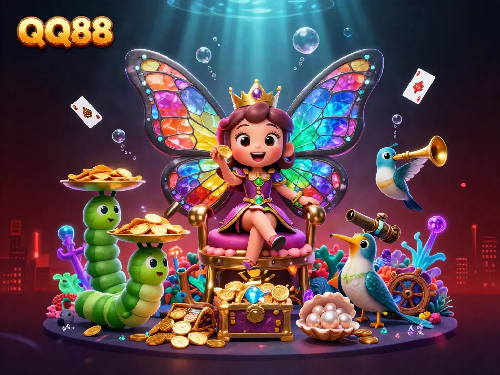 Experience the thrilling essence of QQ88 with a vibrant, dynamic casino scene filled with imaginative elements.