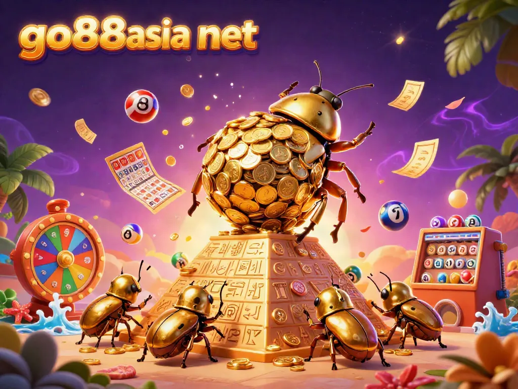 Experience thrilling gameplay with go88asia net, featuring a lavish scene of golden beetles rolling coins in a vibrant casino-themed illustration.
