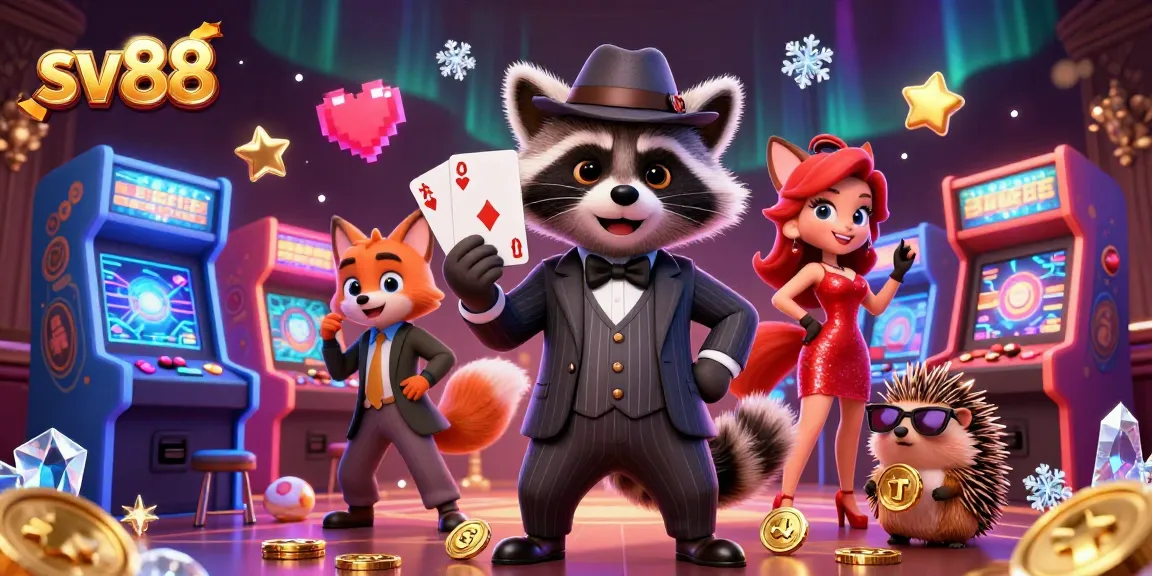 sv88 showcasing an animated scene with a charming raccoon and fox at a vibrant casino