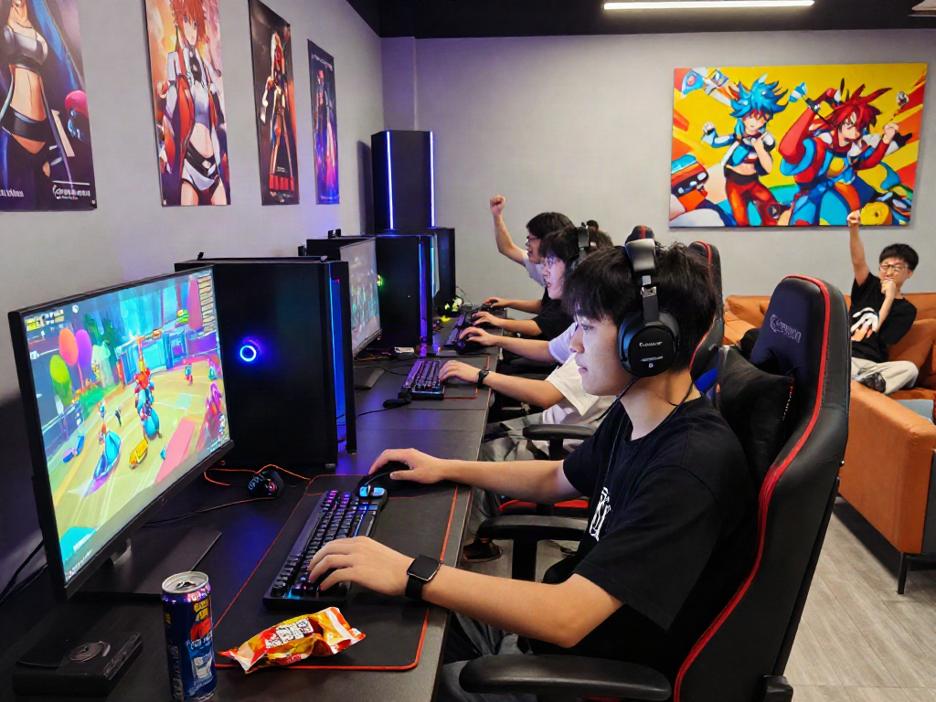 Gamer enjoying a hentai game in a vibrant gaming studio filled with consoles and friends.