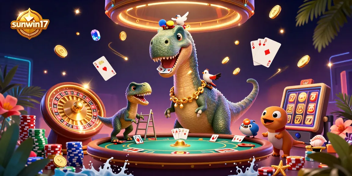 sunwin17 entertains with a fun-filled cartoon casino scene featuring a large brontosaurus and clever raptor