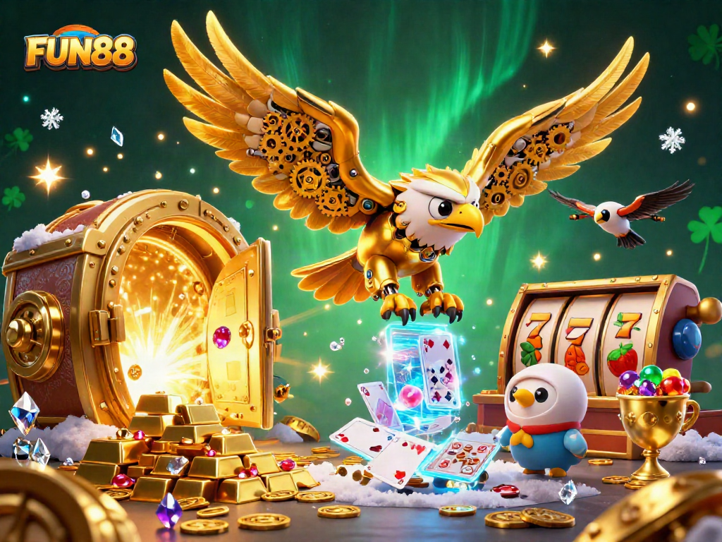 Experience the thrill of FUN88 with a dynamic casino scene featuring a cybernetic golden eagle and lucky slot symbols.