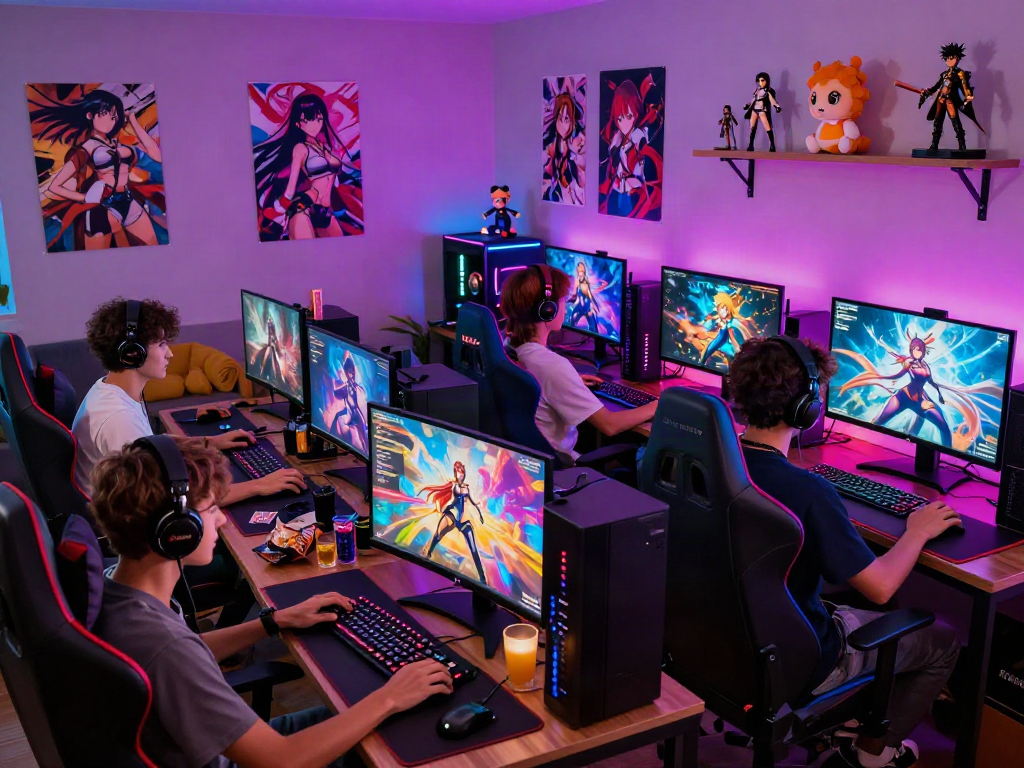 Gamers enjoying hentai games in a vibrant gaming room filled with colorful LED lights and anime decor.