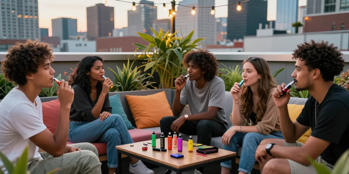 Group of friends enjoying weed vapes in a cozy rooftop garden setting with city skyline