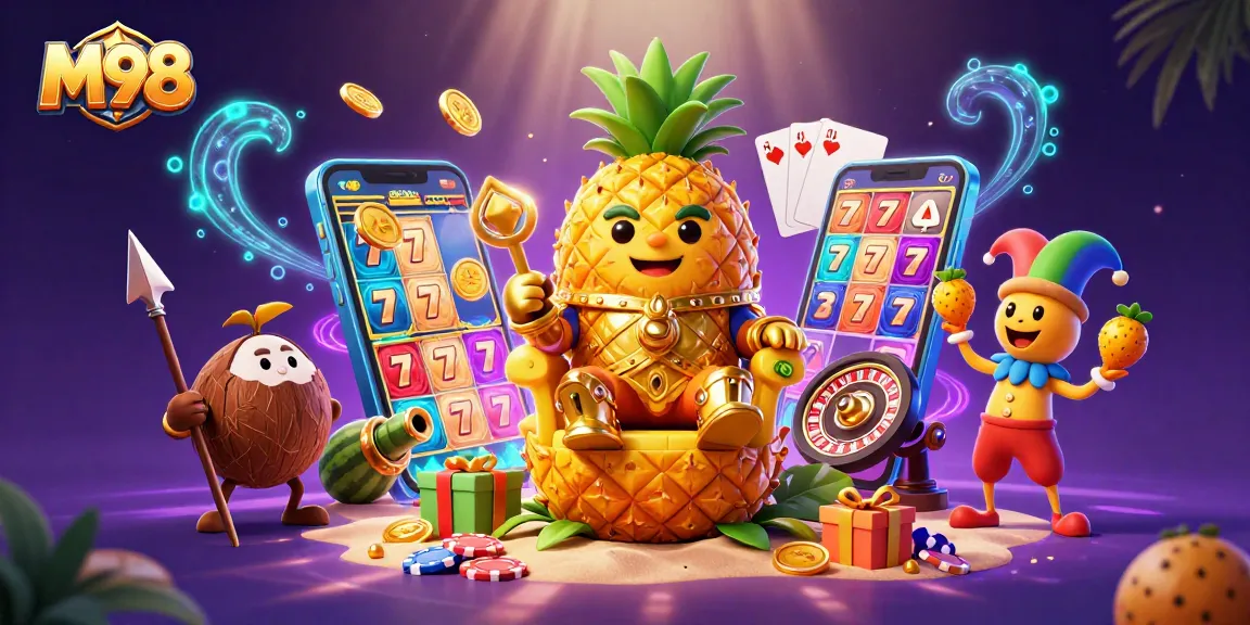 M98 online casino illustration showcasing a lively scene with a pineapple king, slot games, and dynamic elements.