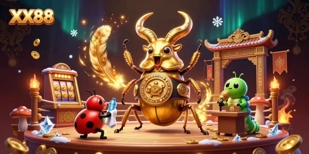 Experience thrilling action with XX88, featuring a golden beetle champion in a dynamic gambling arena.