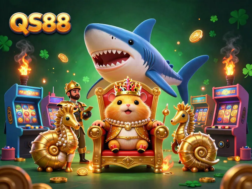 Experience the thrill of QS88 as the golden hamster king sits on a megalodon throne amidst vibrant casino game elements.
