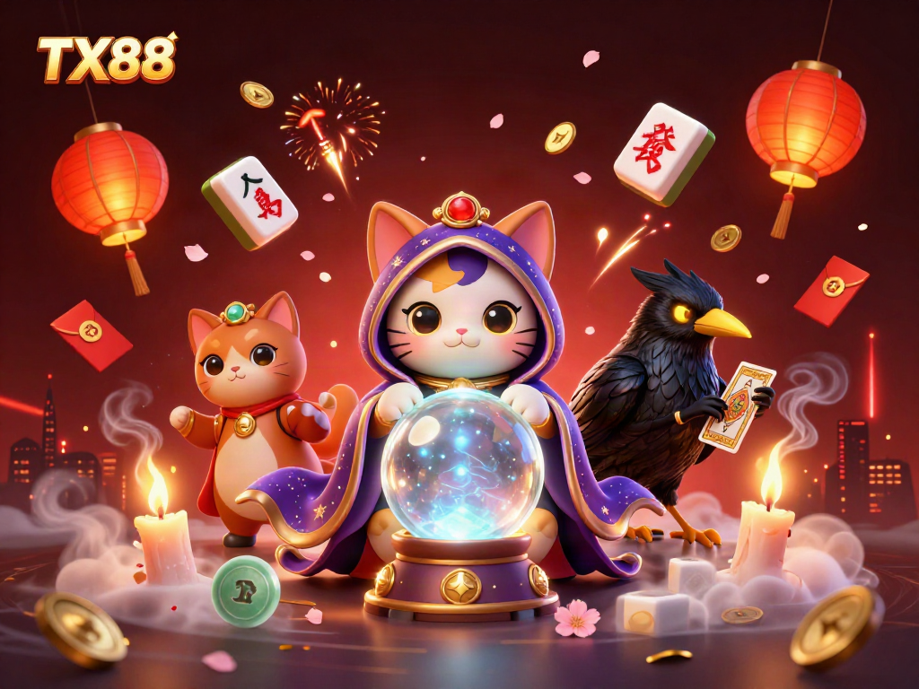TX88's vibrant 3D casino scene showcasing fortune teller cat, raven, and dynamic elements.