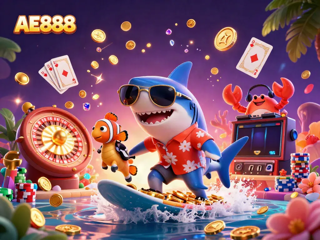 Experience the excitement of AE888 with a vibrant casino scene featuring playful characters and gold coins.