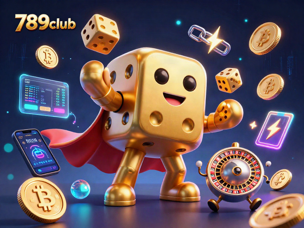Experience gaming with 789club's dazzling golden dice golem and animated crypto elements.