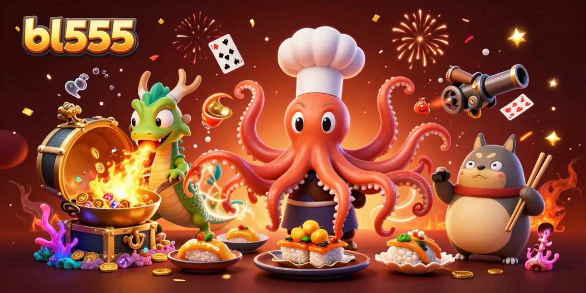 Experience thrilling gameplay at bl555 with vibrant 3D characters and casino-themed decorations.
