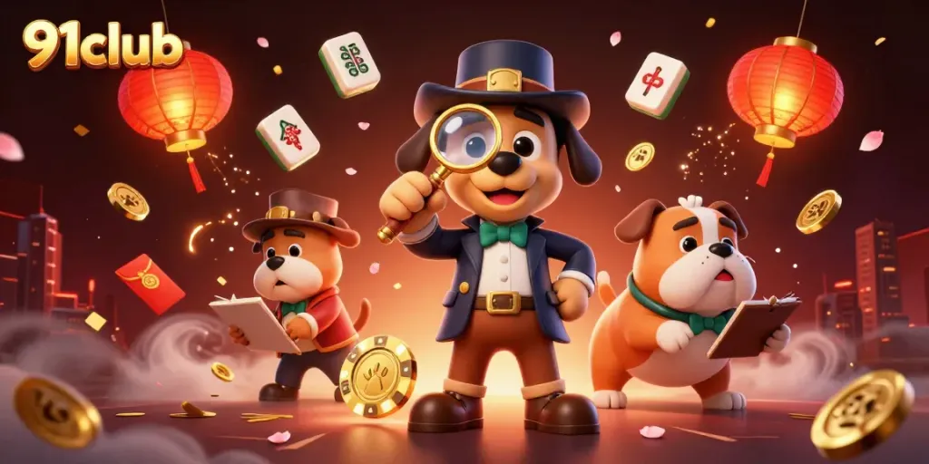 Engage with exciting gameplay at 91club, as characters solve clues amidst vibrant gambling elements.