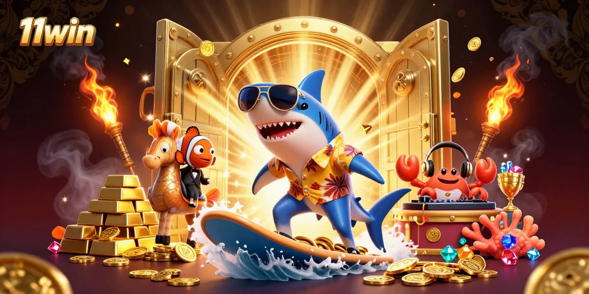 Join the 11win adventure with a colorful casino scene featuring a shark, clownfish, and crab DJ.