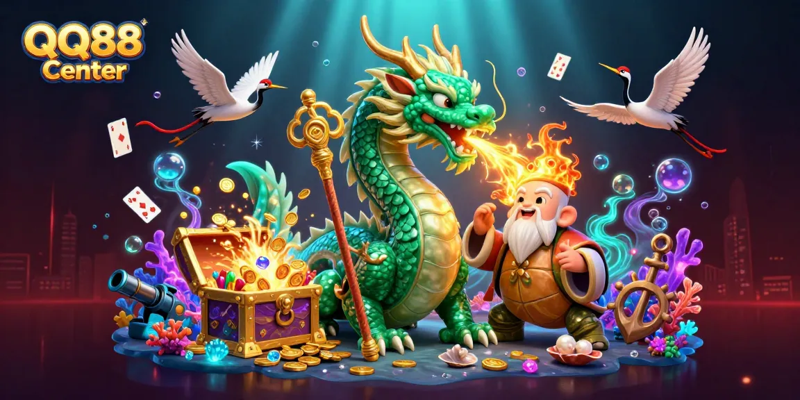 Engage with exciting games at QQ88 Center featuring a dragon, turtle sage, and lucky cranes.
