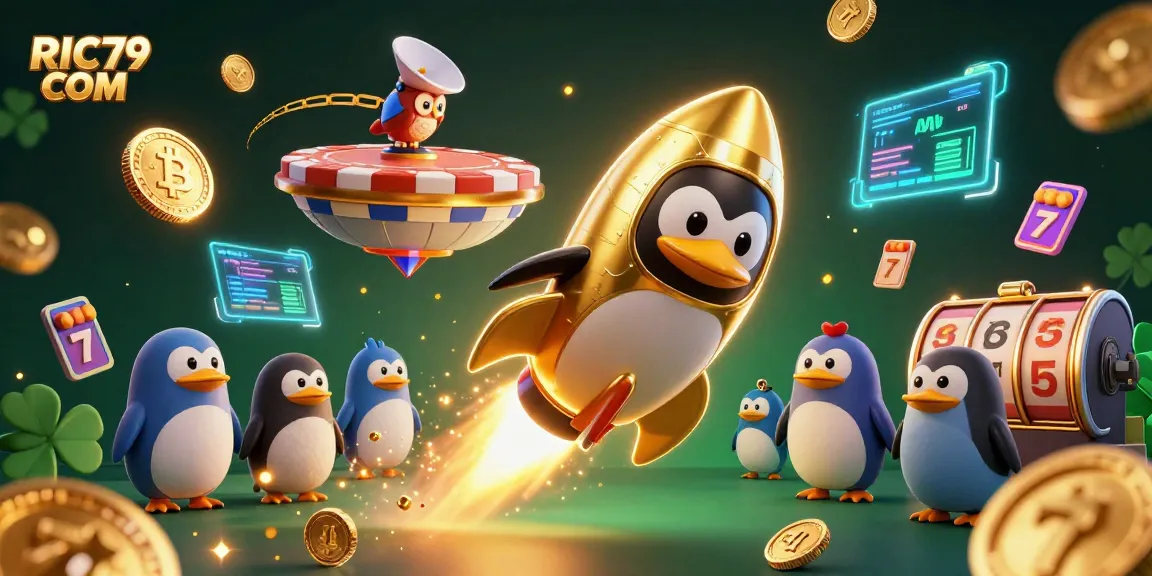 Experience the excitement of RIC79 COM with a cosmic penguin racing to a casino!