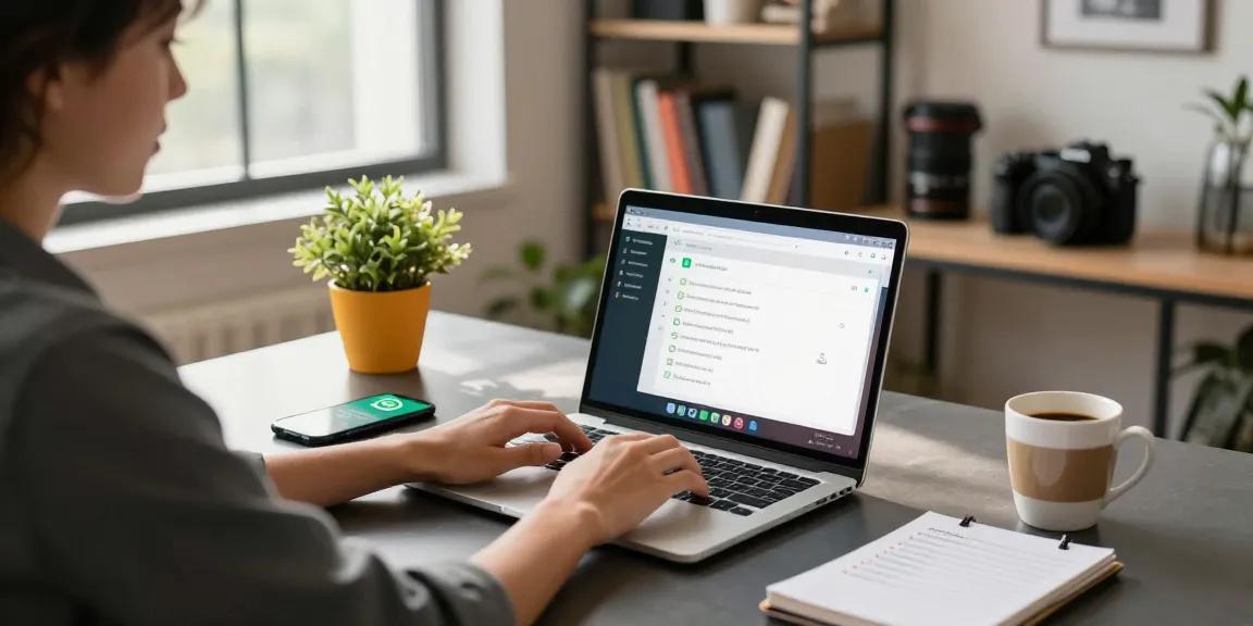 WhatsApp下載 scene showing a young professional engaging with the WhatsApp app on a laptop in a modern home office.