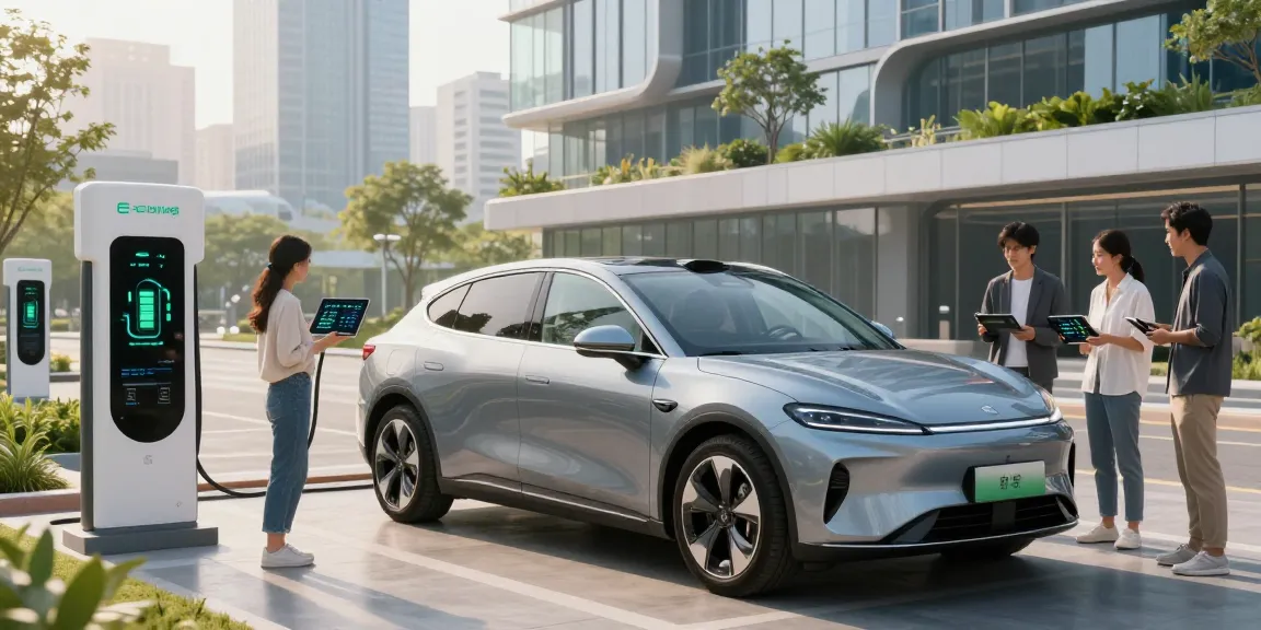 Electric vehicle showcased in a futuristic city, emphasizing EV technology and community engagement.