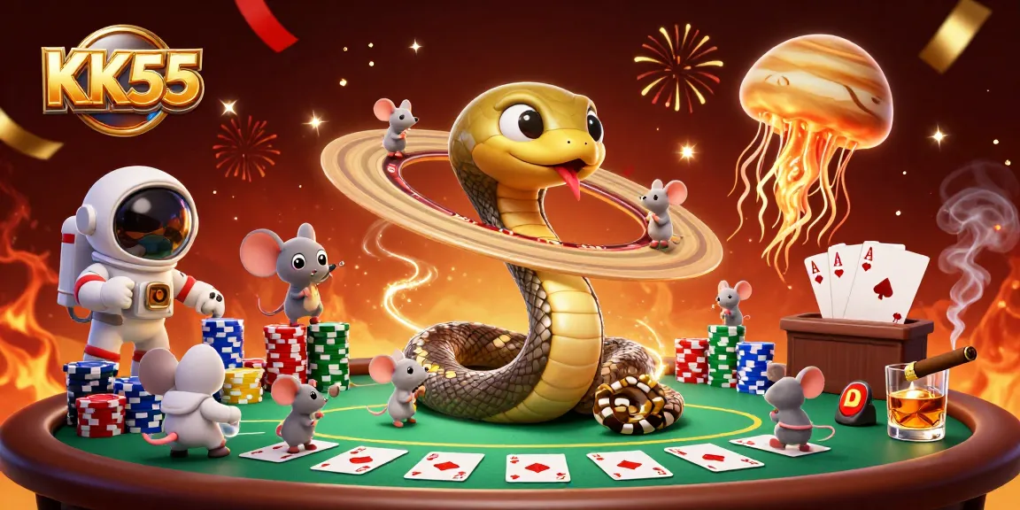 Betting on KK55 features 3D snake and astronaut mice enjoying cosmic casino action.